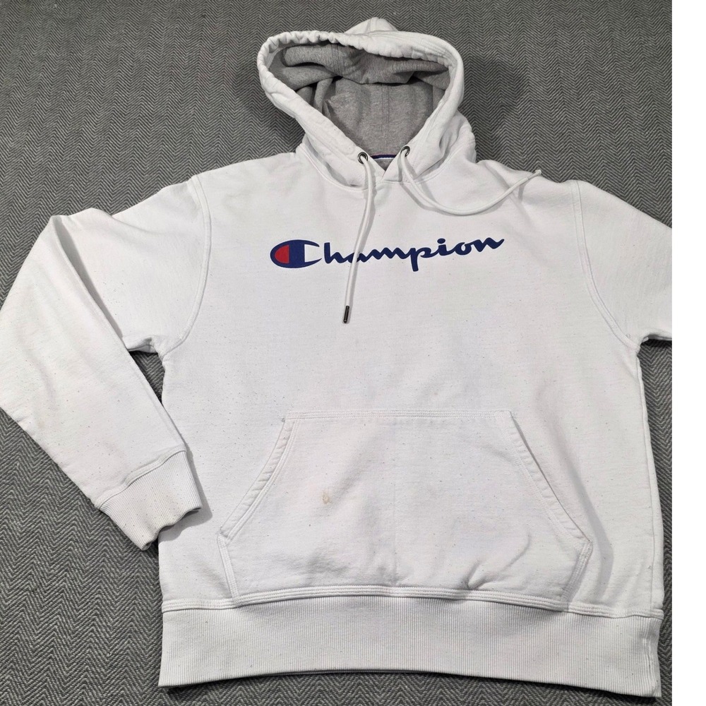 Champion Mens White Script Logo Pullover Hoodie‎ Sweatshirt AW964N Size M